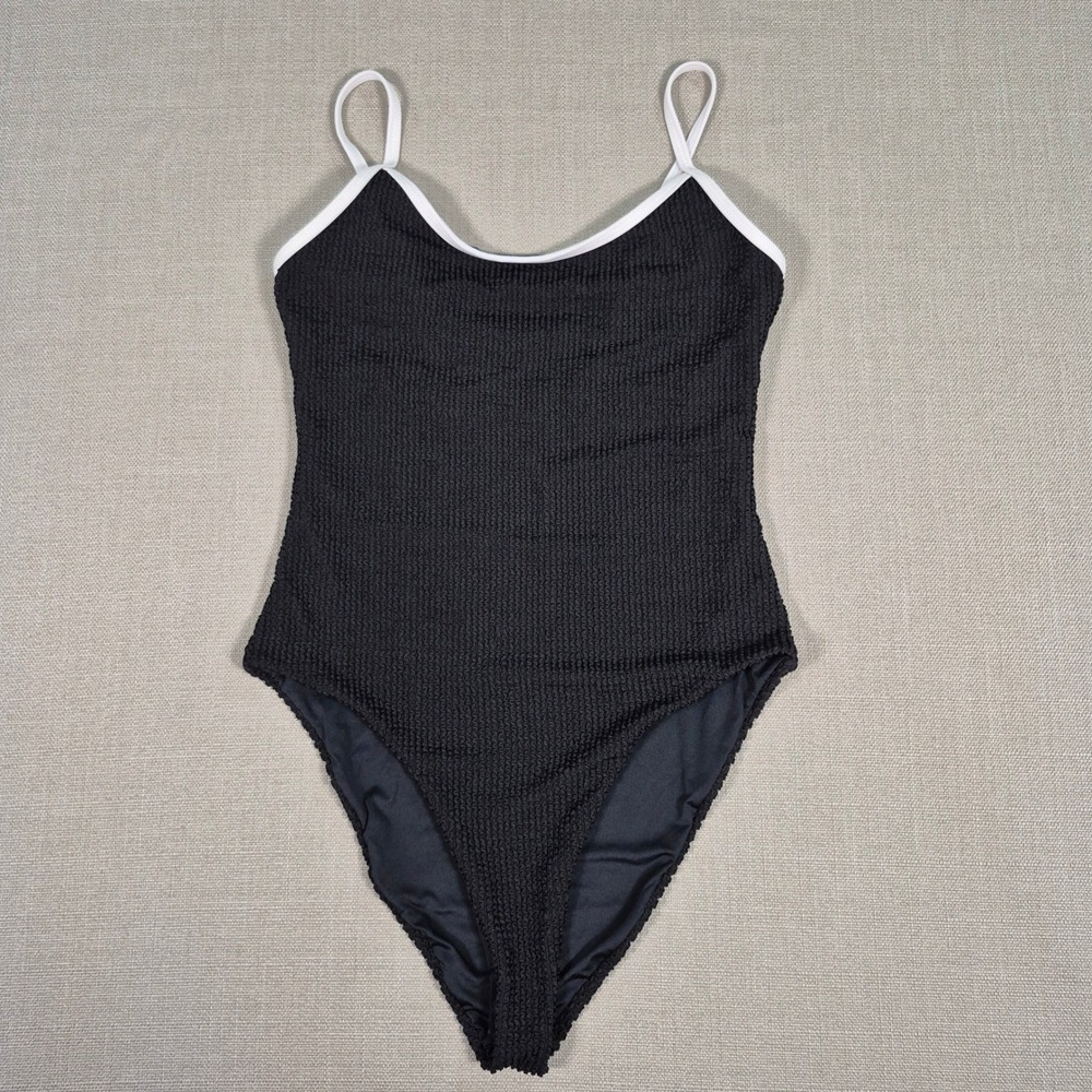 Black Crinkle Textured One Piece Swimsuit White Trim Size M